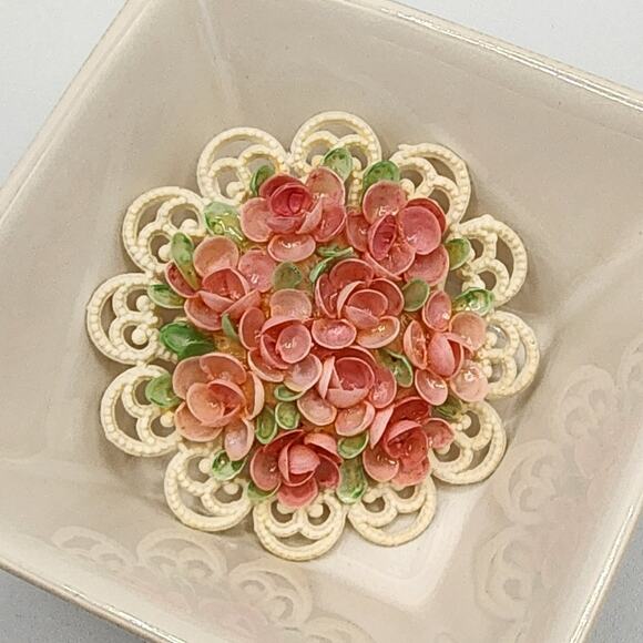 Celluloid Filigree Brooch w Pink Sea Shell Roses c. 1930s over 2" Spring Flowers - Picture 7 of 8
